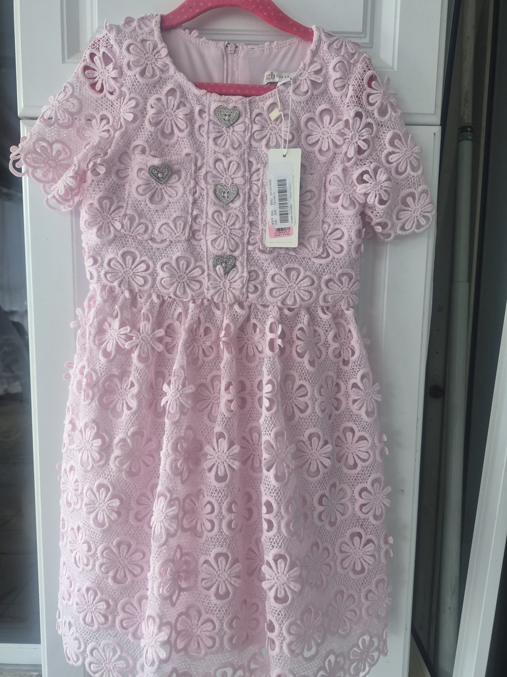 GB girls Pink Floral Lace Party Dress with Heart Buttons